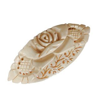 Vintage 1930s Cream Deeply Carved Rose And Flowers Celluloid Plastic Pin Brooch